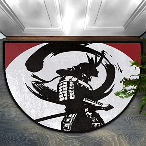 Illustration of Japanese Samurai Half Round Entrance Door Mat Non-Slip Rubber Backing Welcome Doormat Heavy Duty and Durable Outdoor and Indoor Entrance Rug EntryWay Dirt Trapper Front Door Mat