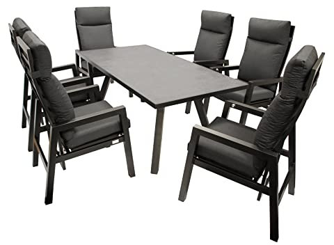 DEGAMO Gartengarnitur MANCIANO 7-teilig, 6X Hochlehner Sessel mit Verstellbarer Rückenlehne und 1x Gartentisch 90x180cm mit Glasplatte in Keramikoptik dunkelgrau