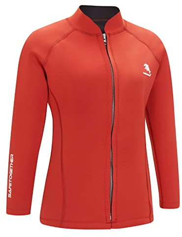 Damen-Neoprenanzug, 2 mm, lange Ärmel, Reißverschluss vorne, Surf- und Tauchjacke (Größe M, Rot)