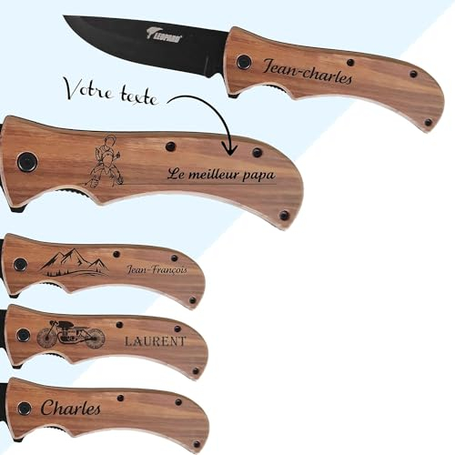 KDO MAGIC - Couteau de survie personnalisé - Prénom gravé - Deux modèles de couteau - Manche en bois personnalisable - Lame de sécurité - Idée cadeau homme, fête des pères, papa (Lame noire)