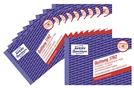 AVERY Zweckform 1742-10 Quittungsblock Kleinunternehmer (A6 quer, 2x40 Blatt, selbstdurchschreibend, fälschungssicherer Dokumentendruck, nach Kleinunternehmerregelung ohne MwSt., für DE/AT) 10er-Pack