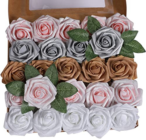 Lot de 25 Roses artificielles en Mousse au Toucher réaliste pour décoration de Mariage, Demoiselle d'honneur, Bouquets de Table, décoration de fête, décoration de Maison (Cinq couleurs + poudre )