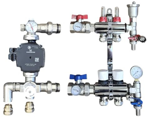 2 Port Brass Underfloor Heating Manifold with A Rated Pump UPM3 Auto Flex, Blending Mixing Valve, 16mm Pipe Connection, and Ball Valves with Gauges