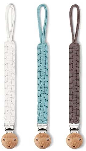 Luvadeyo® Schnullerkette Baumwolle Schnullerband, Holzclip, handgewebtes, moderner Kastrationsstil Babygebrauch (3 Sets grau/blau/braun)