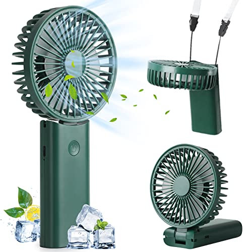 Hianjoo USB Mini Ventilador Portátil, 3 in 1 Mano Ventilador de Escritorio Plegable Ventilador de Cuello 3 Velocidades Ajustables Recargable Ventilador de Bolsillo Personal con Cordón, Verde
