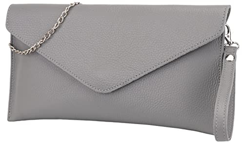 SH Leder Echtleder Clutch Umhängetasche kleine Tasche elegant Abendtasche in genarbt Rindleder mit Tragkette 31,5x16,5cm Saya G369 (Fenstergrau)