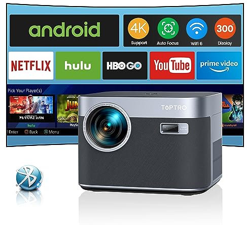 【Auto Focus/Keystone】 Proyector Android TV WiFi Bluetooth 1080P Full HD Nativo, 20000 Lúmenes TOPTRO Proyector 4K Soporte, Proyector Cine En Casa para Teléfono/TV Stick/PS5 USB HDMI AV