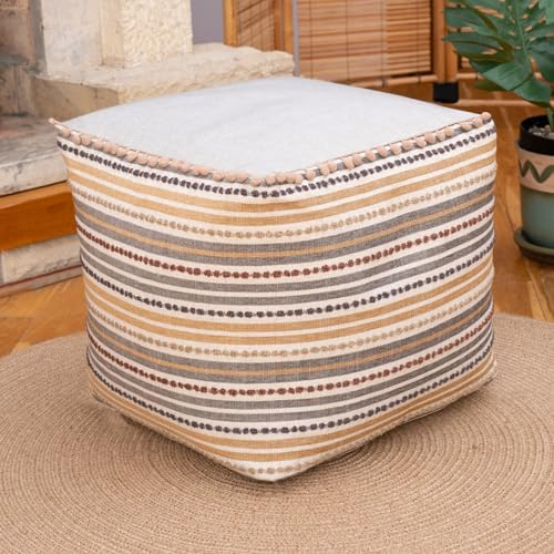 Dekorist Pouf Hocker, Quadrat Sitzpouf, Sitzhocker, Sitzpuff, Fußhocker, Puff Hocker für Wohnzimmer, Schlafzimmer, Pouf Retro, 42x42x46h cm, Gestreifte Creme