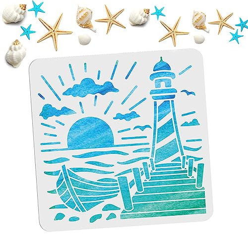 MAYJOYDIY Stencil per faro, mare, oceano, barca a vela, nuvole, sole, gabbiani, 30 x 30 cm, in materiale PET riutilizzabile, per regali fai da te, camicie su pareti di legno, decorazioni per la casa