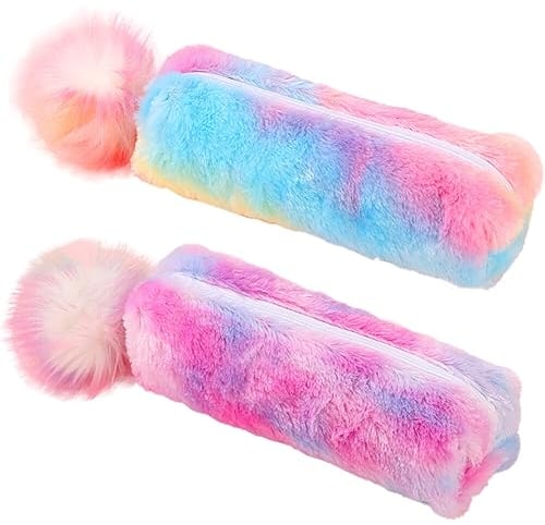 Studenten Mäppchen,2 Stück Regenbogen Mädchen Plüsch Federmäppchen Federtasche Damen Geldbörse Kosmetiktasche Make-up Tasche Farbige Plüsch Schreibwaren Tasche Bleistift Tasche mit Reißverschluss
