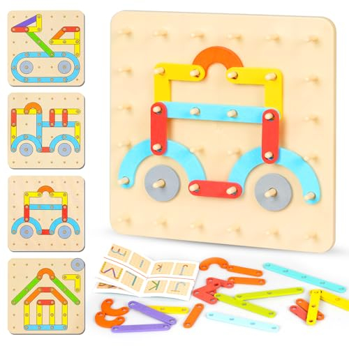 Montessori Stecktafel Puzzle, Montessori Holz Geoboard Montessori Holz Geobrett Lernspielzeug mit Muster Karten, Peg Board Kinder Spielen Geschenk für Mädchen Jungen ab 3+ Jahre