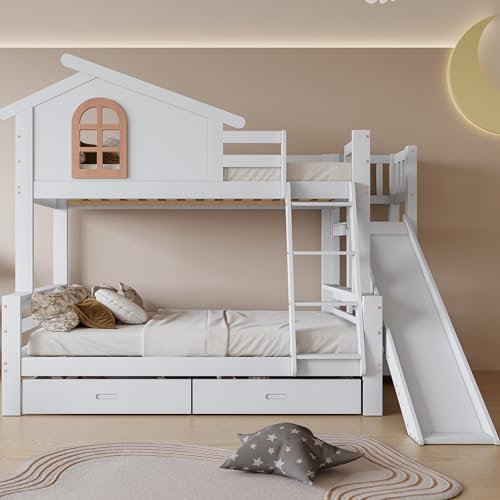 Merax Hochbett, Kinderbett Etagenbett mit Leiter, Rutsche und Schubladen, Hausbett Massivholz mit Rausfallschutz und Lattenrost, Spielbett mit Fenstern für Jungen & Mädchen, Weiß, 90x200cm & 120x200cm