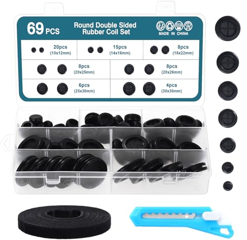 HSEAMALL Kit di gommini 69pcs, gommino a doppia faccia, tappi di gomma neri del foro guarnizioni elettriche del cavo Gommini rotondi della gomma per i fori