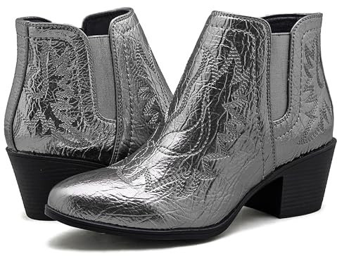 GLOBALWIN Women's Pull On Ankle Boots The Western Cowboy Cowgirl Boots, 21yy01 Metallic Silver, 4 UK