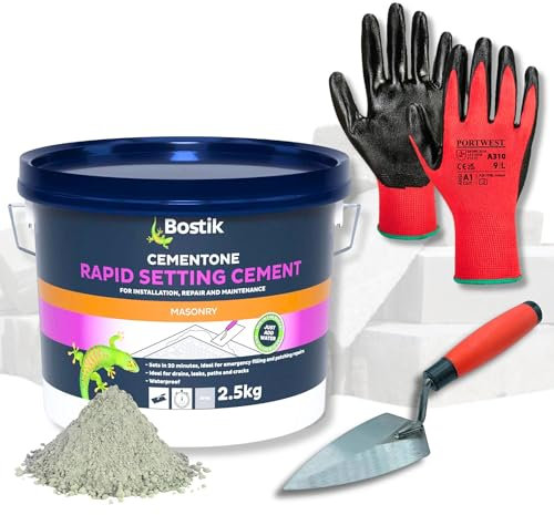 Cement Ready Mixed Bundle with 2.5kg Bostik Cementone Rapid Setting Cement Mix, 6 Pointing Trowel, & Safety Gloves | Quick Drying Cement | Ready Mix Concrete Filler for Indoor & Outdoor Mortar Repair