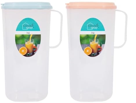 YöL Pack of 2 Plastic Drinks Dispensing Jug - 1.8L Lid Handle Water Juice, Fridge Door Pitcher Picnic BBQ Cocktail Party