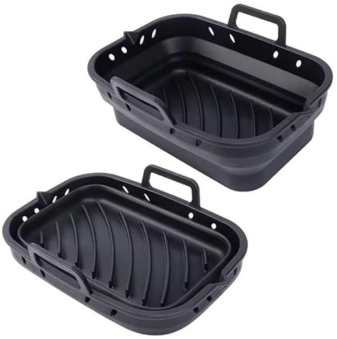 2 Pcs Silicone Air Fryer Oven Collapsible Liners Pot - Universal Reusable Microwave Safe Liner for Ninja AF451UK/AF400UK 9.5L, Tower T17088, Instant Vortex Enhanced Heat Circulation (Black, Rectangle)