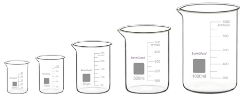 BorinGlass Juego de 5 vasos medidores de vidrio de borosilicato, graduados en 5 tamaños, 50 ml, 100 ml, 250 ml, 500 ml, 1000 ml