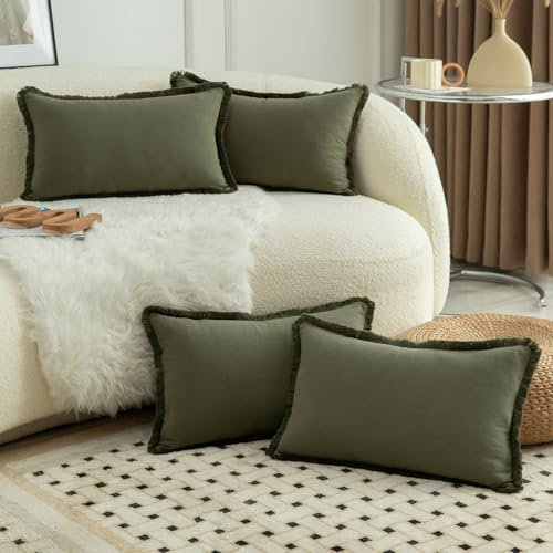 Mandioo 4er Set Neutralen Baumwolle Kissenbezug 30x50cm Herbst Quasten Dekorative Kissenbezüge Boho Sofakissen Dekokissen Kissenhülle für Couch Sofa Schlafzimmer Wohnzimmer Olivgrün