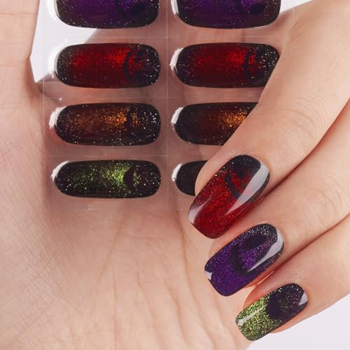 DANNI & TONI Halb ausgehärtete Gel Nagelfolien (Spooky Night) Bunt Katzenaugen Geistergesichter Halloween Glänzend Nagelset uv Gel Nagelfolie Nageldesign Nagelfolie Selbstklebend Wraps 28 Aufkleber