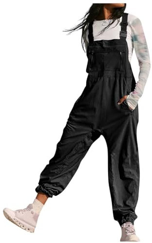 Latzhose Damen Sommer, Oversize Jumpsuit Damen,Elegant Arbeitslatzhose Damen Lose Overall Ärmelloser Latzhosen Schwarz mit Große Taschen und Träger Schlupfhose Frauen Baumwolle Baggy Hosen Mädchen