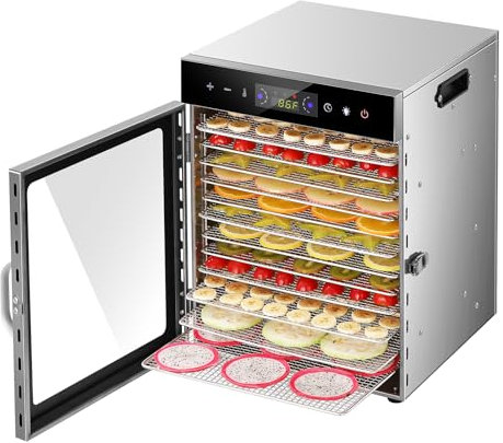MOOTACO Food Dehydrator Machine,12 Trays Stainless Steel Fruit Dryer Machine With Touch Control & Lighting,800W 24-Hour Timer,Temperature Adjustment 35-90°C,Professional Food Drying Equipment