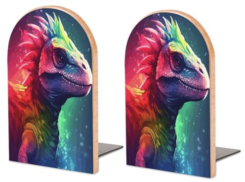 Grand serre-livres en bois imprimé dinosaure coloré, serre-livres durables, avec base en métal adaptés pour une utilisation dans les salles d'étude, les étagères, les bureaux, les salles de classe et