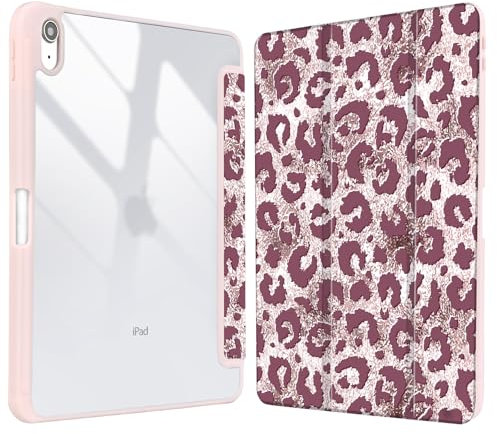 Vozehui 11/10.9 Pouces Coque léopard Compatible iPad 11/10ème Génération Étui 2025/2022 Coque avec Coque arrière Transparente avec Porte-Crayons,avec réveil Automatique du Sommeil Léopard Rose