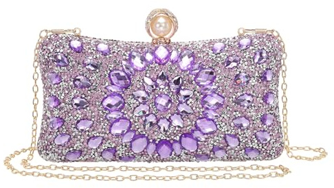 QUARKZMAN Abendtaschen für Frauen mit Kettenschulterriemen Hellviolett | Funkelnde Kristall-Strass Clutch Handtasche für Hochzeit Party Abend Wochenende