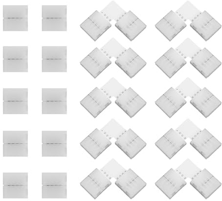 20 Stück 10mm LED Streifen Verbinder Set SMD 5050 RGB Streifen, inklusive enthält L-förmigen Lichtstreifenverbinder 4polig, 4poligen lückenlosen LED-Streifenverbinder