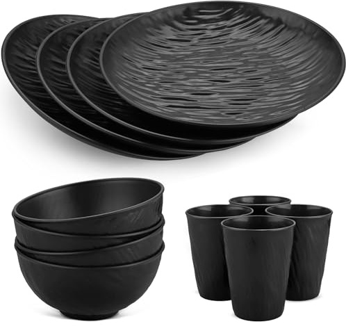 HOMGEN Plastic Plates and Bowls Set - 12 PCS Unbreakable Tableware Set - Reusable Plates Bowls 11 oz Cups - Microwave & Dishwasher Safe Dinner Plates - Lightweight Party Dinnerware Service for 4