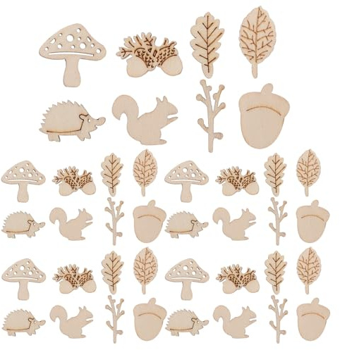 Holzformen für Bastelarbeiten für Kinder, 100 Stück, Unbehandelt | Holzausschnitte in Blatt-, Eichel-, Eichhörnchen und Zapfenform, Holz zum Basteln und Bemalen