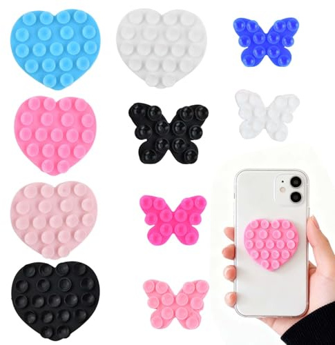 10 Stück Silikon-Handyhalter, Universeller Handy KIleber Rückseite Saugnapf, 5 Herz- und 5 Schmetterlings-Motive, Handyhalterung Saugnapf für Selfies & Videoaufnahmen, Wände & Glas (5 Farben/Design)