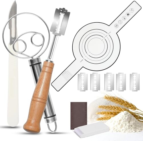 RNHDLY Bäckermesser 4er Set-Bäckerklinge, Teigmesser, Dänischer Schneebesen | Bread Baking Mat, Brot Einschneidemesser Set für DIY Brotteig Muster Ritzmesser Einschneide