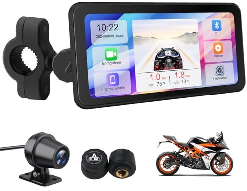 Junsun Motorrad-Navigationssystem mit CarPlay Android Auto 6.25 Bildschirm | IP65 wasserdicht, integrierter DVR-Frontkamera, Bluetooth und SD-Kartensteckplatz, mit Rückfahrkamera und Reifendruck