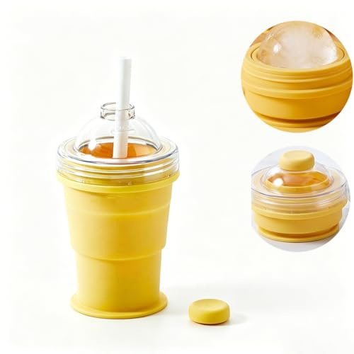 PLUSHCEWT 1 Stück faltbarer Eisball Becher 2 in 1 Eiskugelform Trinkbecher Strohhalm inklusive auslaufsicher zusammenklappbar 325ml Eiswürfelbecher tragbar Camping Sommergetränke (Gelb)