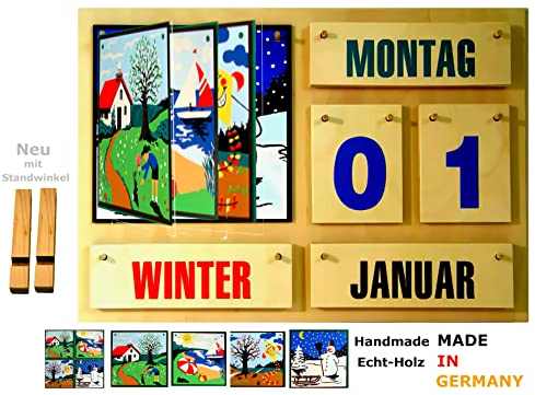 TISCH- und WANDKALENDER | Bunte Schrift | Mit Standwinkel | VIER JAHRESZEITEN | LERN- UND DAUERKALENDER aus HOLZ | Made in Germany | Für Schule, Kindergarten, Seniorenheim oder auch ZUHAUSE | Handmade