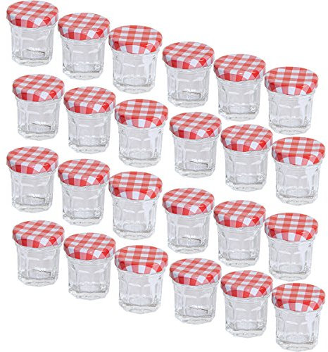 MC-Trend Lot de 24 mini Mini pots à confiture 30ml avec couvercle à vis – Bocaux avec couvercle à carreaux rouge et blanc, idéals pour les confitures & le stockage