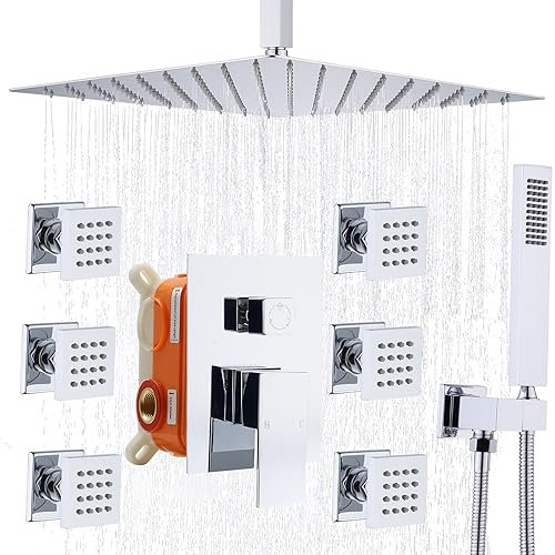 Enga Duschkörper Strahlsystem 30.5 cm Deckenmontage Regendusche Duschkopf mit 6 Körpersprühen und Handbrause, Messing Duscharmatur Rough-in Mischventil, Chrom