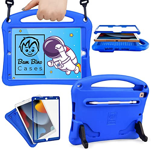 Bam Bino Space Suit iPad 9th Generation Case Kids, iPad 8th/7th (2021/2020/2019) 10.2 inch iPad Case, Lightweight Shockproof with Screen Protector, Shoulder Strap, Handle, Stand (Galactic Blue)