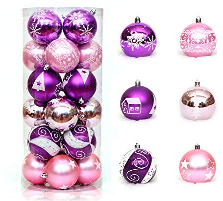 SWECOMZE Weihnachtskugeln 24 Stücke 6CM, Kunststoff Christbaumkugeln Set Weihnachtsdeko Weihnachtsbaum Anhänger Christbaumschmuck Weihnachten Anhänger (Rosa+Lila)