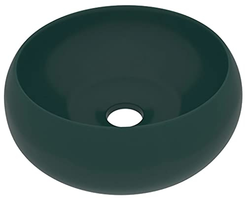 vidaXL Lavabo Rond de Luxe Vasque à Poser de Toilette Lave-mains de Salle de Bain Cuisine Vestiaire Maison Intérieur Vert Foncé Mat 40x15 cm Céramique