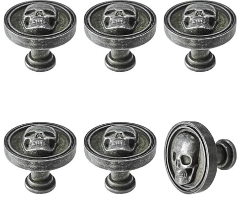BAMI-LEE House Schrankknäufe im Vintage-Stil mit Totenkopf-Skelett-Motiv, Einzelloch, Zinklegierung, Schubladengriffe für Küche, Kleiderschränke, Bücherregale, Kommoden, Schränke (antikes Blech), 6