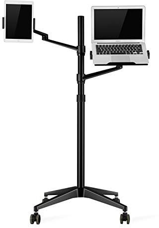 Thingy Club New Mobile RollingTablet and Laptop Mount 2-in-1 Height Adjustable Dual Arm Floor Holder for Tablet Arm 4-13'' Tablet & Phone, Extra Tray Fits 12 to 17 inch Laptops (Black)