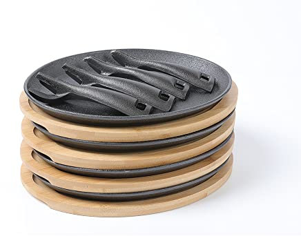 HAWOK Cast Iron Fajita pan with Bamboo Tray and Handle Set of 4…