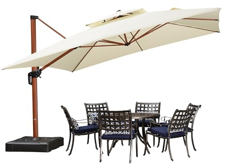 PURPLE LEAF Alu Sonnenschirm Groß Ampelschirm 365 x 365 cm Holzoptik Doppeldach Gartenschirm mit Kurbel 360°Drehbar XXL, Sonnenschutz UV50+, Cream