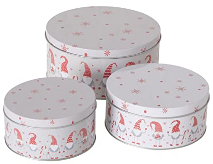 RiloStore 3er SET Keksdose WICHTEL Weihnachtsmann Metalldosen rund XL weiss rot n395 Weihnachten Keksdosen Vorratsdose Nikolaus Weihnachtsmann Dose