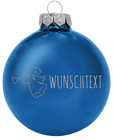 Deitert Weihnachtskugel mit Wunschtext Gravur, Ø 8cm, personalisierte Christbaumkugel aus Glas (glänzend), Individueller Weihnachtsbaumschmuck Namen oder Spruch, Engel-Motiv, Blau