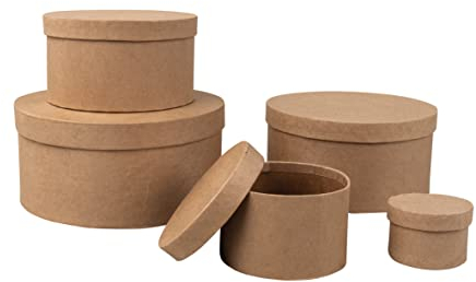 Rayher Pappmaché Boxen mit Deckel, Set 5-teilig, Pappboxen, Geschenkboxen 5er-Set, rund, 5 – 15 cm ø, Schachteln, braun, aus Karton, FSC zertifiziert, Aufbewahrungsboxen, 67382000