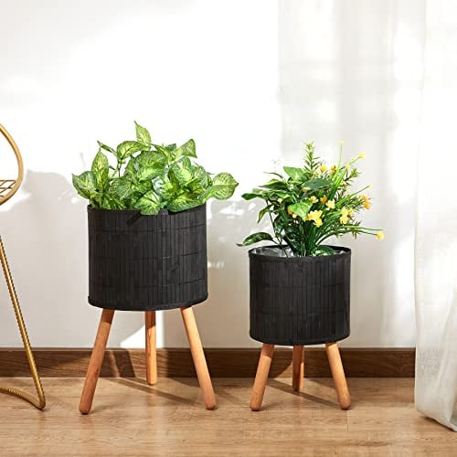 Paco Home Blumentopf Übertopf Natur Rattan Set mit Folieneinsatz Pflanzentopf Auslaufsicher Groß für Zimmerpflanzen, Farbe:Schwarz, Sets:2pcs Set/Design 4